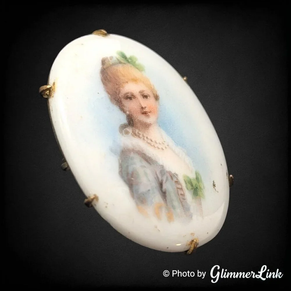 Antique Victorian Porcelain Miniature Portrait Brooch Lady Transferware C Clasp